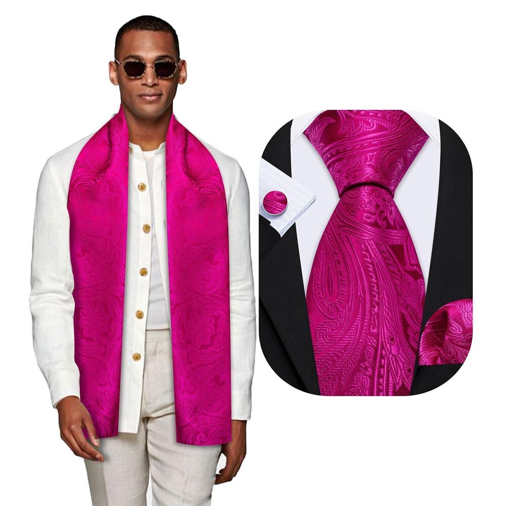 3175 Hot Pink Scarf and Tie Paisley Silk Necktie Pocket Square Cufflinks